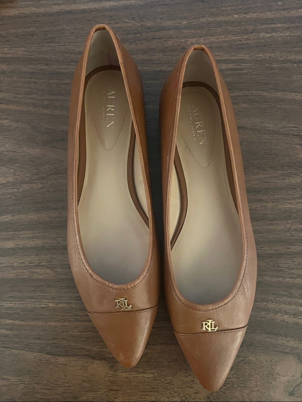 Lauren Ralph Lauren Cognac Leather Pointed-Toe Flats with Gold Logo